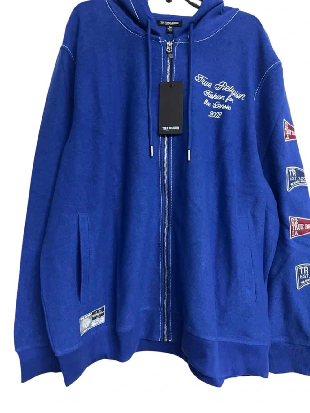 NWT True Religion Reverse Terry Blue‎ Zip-Up Hoodie with Embroidered Details 3X